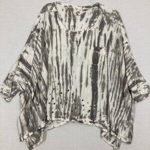 XCVI Gray White Tie Dye Round Neck Beaded Relaxed Lagenlook Stretch Top Large